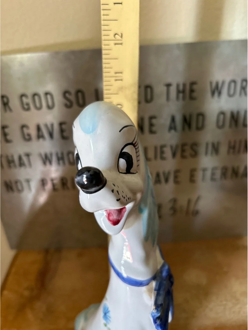 Vintage Ceramic Poodle Figurine with Blue Bow and Floral Details